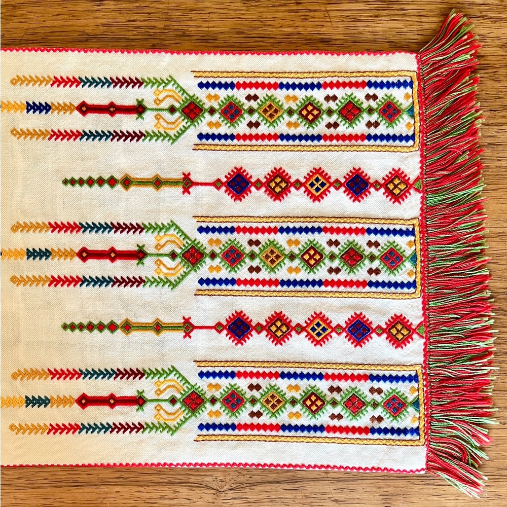 Vintage Greek Hand Embroidered Table Runner Cretan Folk Texile